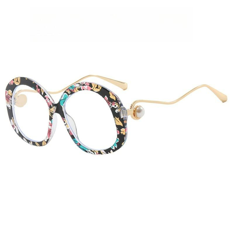 Oval Large Frame Pearl Metal Feet Fashion Flat Mirror Transparent Lens Retro Elegant Suitable for Daily Vacation Use