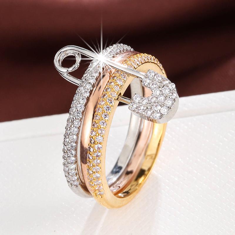Lady Fashion Pin Connection Three Layers Design Ring for Women Gift Jewelry