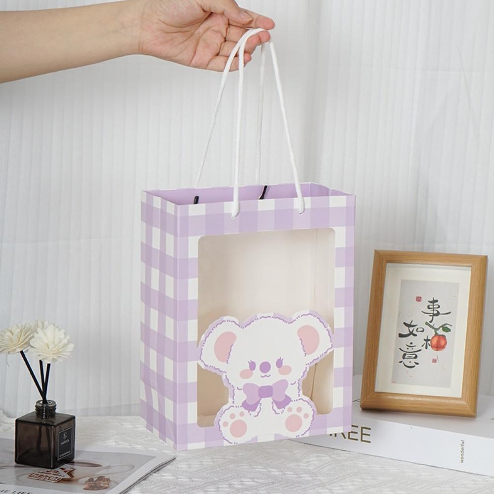6pcs Kraft Paper Gift Bags with Clear Window Cartoon Treat Bags Handbags Souvenir Packaging Bags Flowers Gift Bag Gift Wrap Bag for Wedding Party