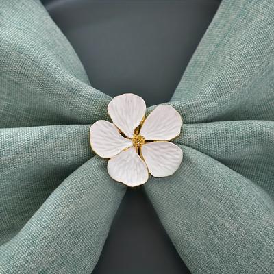 4pcs Elegant White Floral Metal Napkin Rings with Golden Accents for Weddings, Easter, and Formal Dining – Brushed Finish