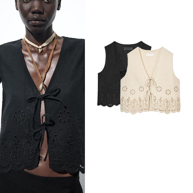 Summer Women's Linen Blend Bows Lace-up Cutout Embroidered V-neck Sleeveless Vest Waistcoat 6318044