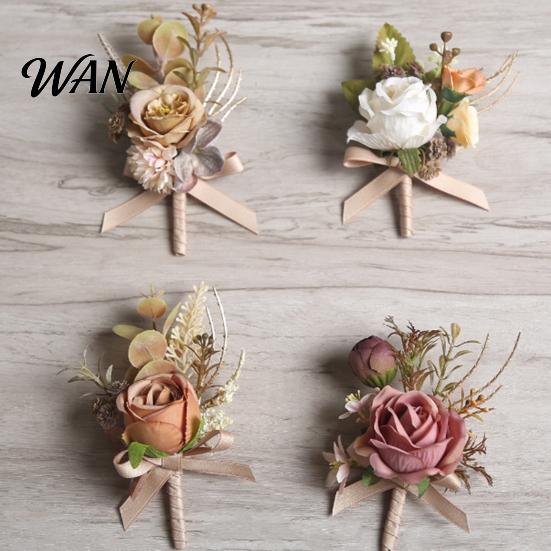 Exquisite Rose Pin Bud Wedding Flower Set, Wrist Corsage for Bride Bridesmaid Durable & Boutonniere Groom Groomsman, Artificial Silk Floral
