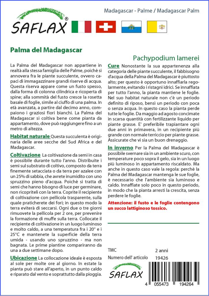 SAFLAX Garden In the Bag - Madagascar Palm - 10 Seeds - With Substrate In a Fitting Stand Up Bag - Pachypodium Lamerei