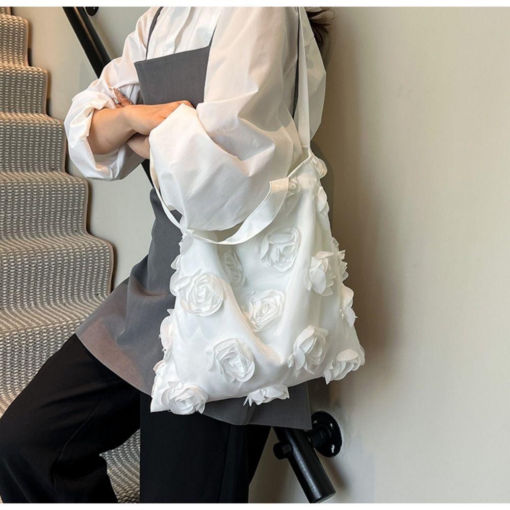 White Flower Shoulder Bag Lightweight Canvas Bag Fashion Nylon Cloth Handbag Beach