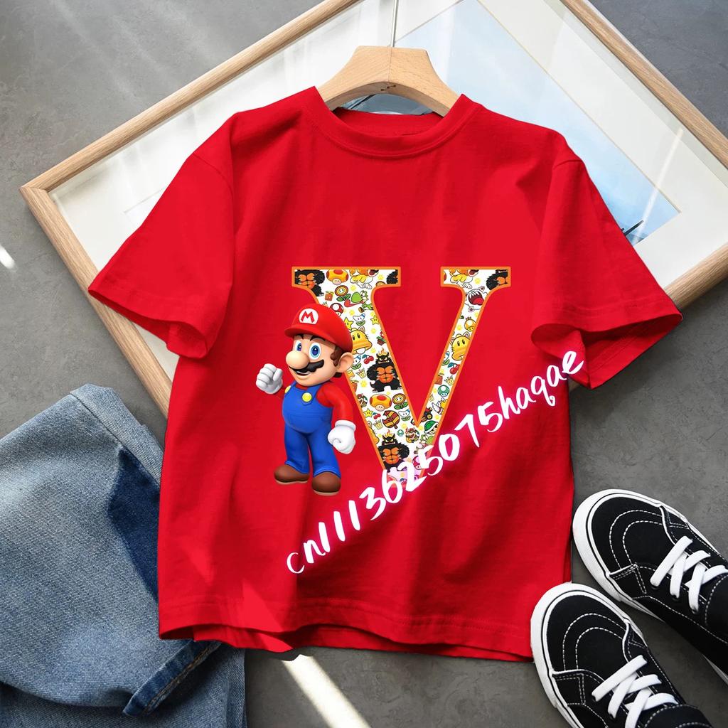 Super Mario Anime Birthday Lucky letter AZ Print T Shirt Cute Children Clothing Tops Toddler Tees Casual Clothes Tops Tees