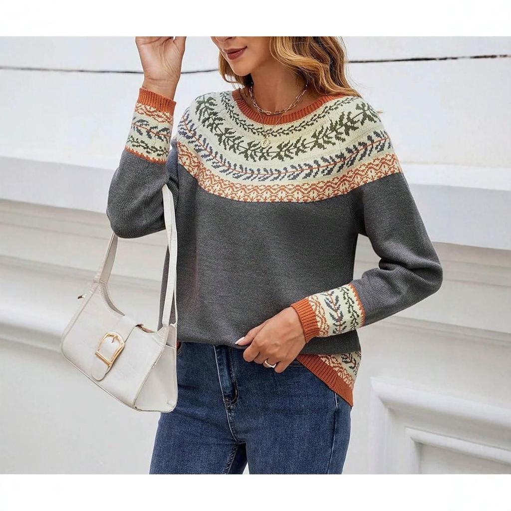 Pull Tricoté Style Américain Color Block pour Femme - Manches Longues Décontracté Col Rond