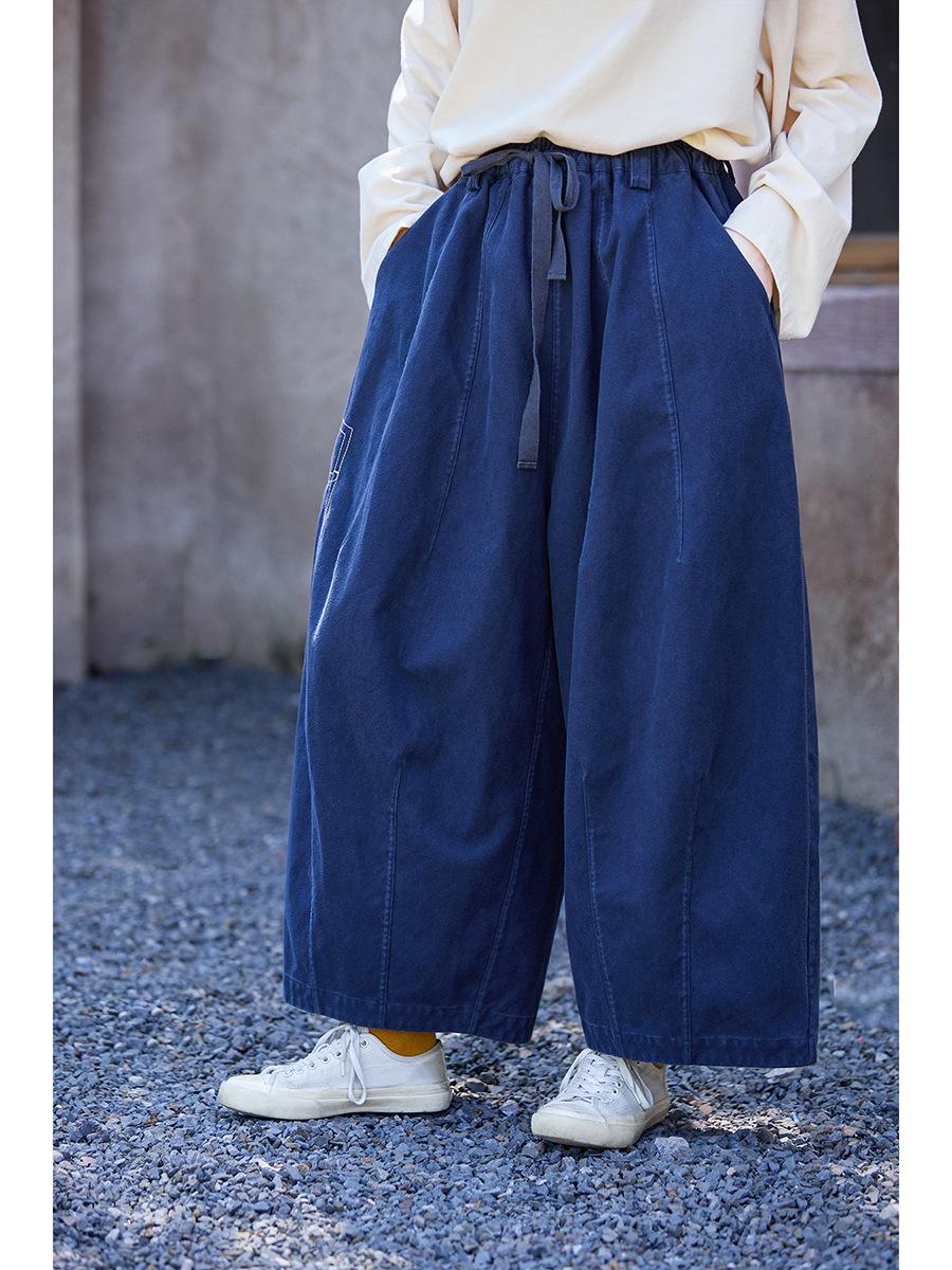 Spring Retro Blue Washed Elastic Waist Radish Pants M