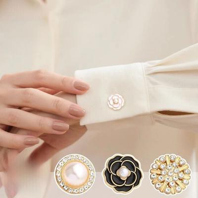 3 PCS Rhinestone Pearl Flower Button Covers Alloy Flower Cufflinksble  for Shirt Dress Decoration