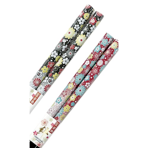 Matching Pair of Floral Chopsticks for Grandparents, Black and Red, Dishwasher-Safe, with Designed Paulownia Wood Box and Gift Wrapping, Perfect for R