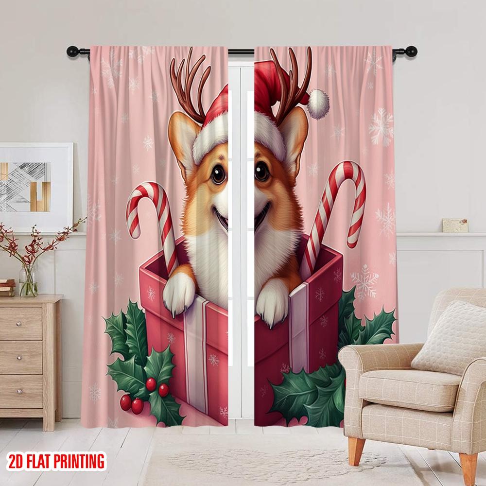 2pcs  2D plane printing Pattern Curtains Christmas Corgi Gift Festive Dog (2) Polyester Easy Install (without rod) Versatile All