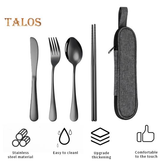 Stainless Steel Cutlery Set 4-Piece Retro Tableware Fork Spoon Chopsticks Knife with Storage Bag Mirror Polished Dishwasher Safe Cutlery Set for Home