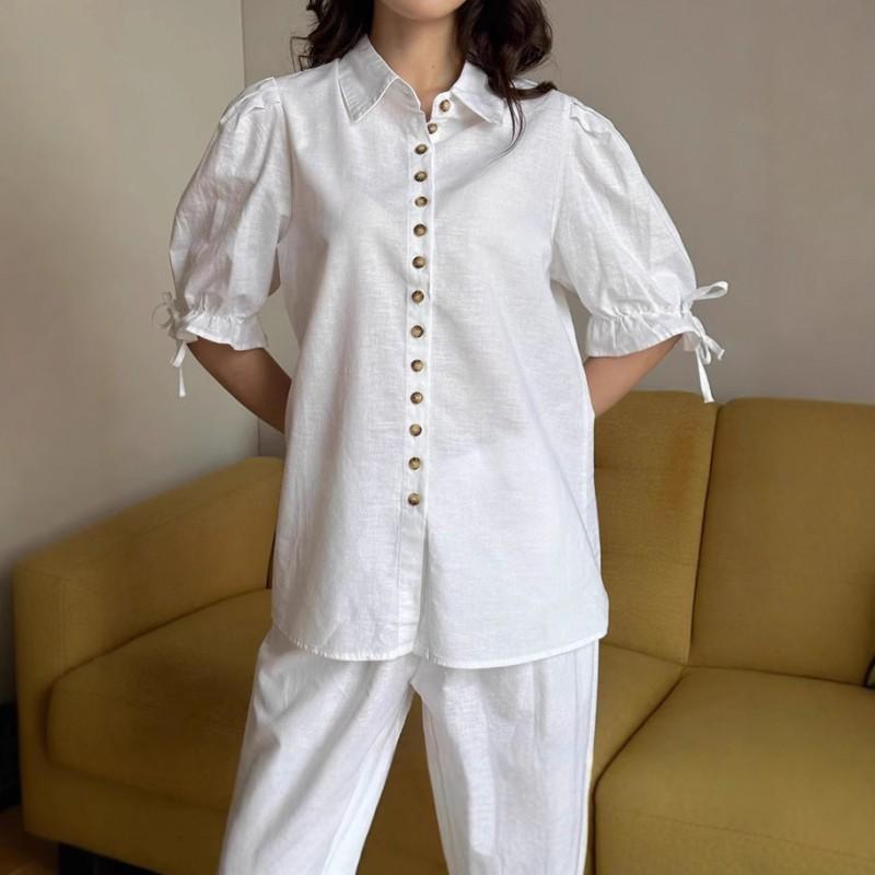 Womens White Cotton Linen Blouse Pants Set Casual 2-Piece Outfit With Puff Sleeves