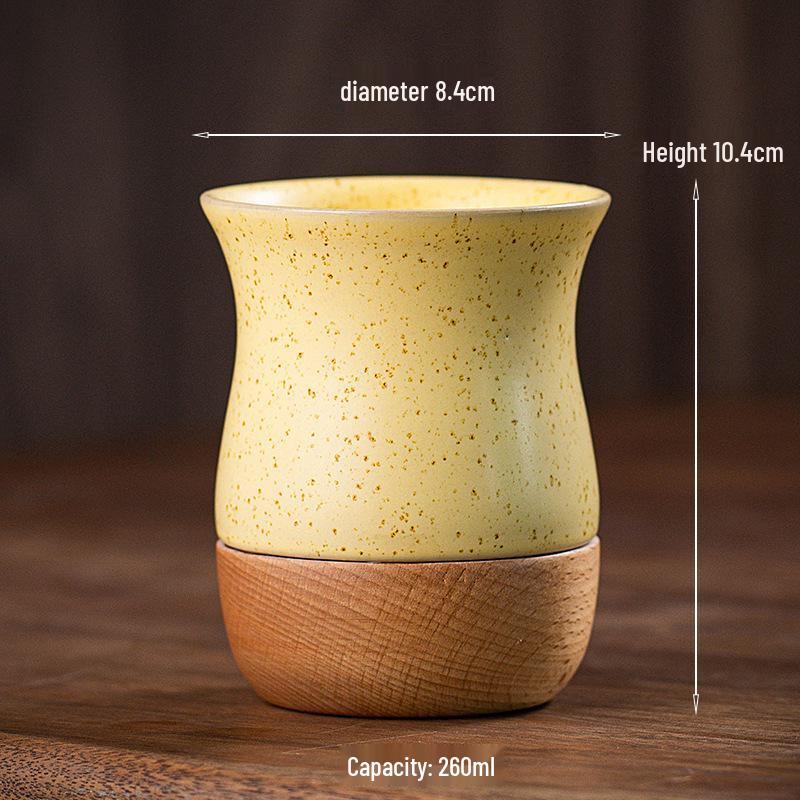 Vintage Coarse Pottery Ceramic Espresso Cup with Wooden Base, Personal Water & Tea Mug for Office