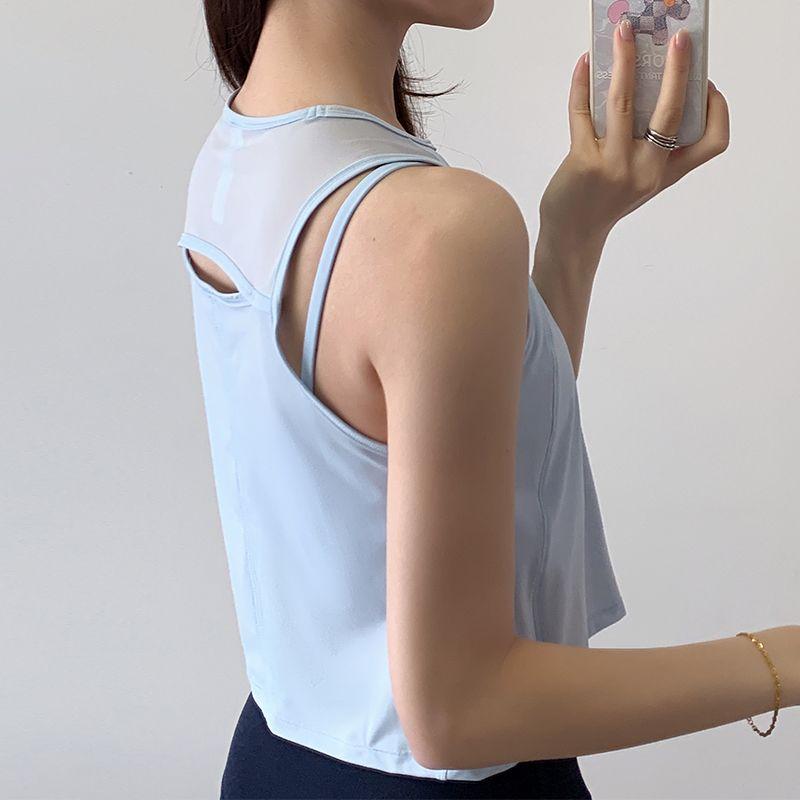 

AMO Recommend Sports Vest Outer Wear Hollow Beauty Back Yoga Clothes Breathable Mesh Lightweight Short Fitness Top Women Micro Light Blue XL