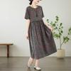 Women's Printed Cotton and Linen Short Sleeved Dress, Loose Retro Long Skirt, Summer