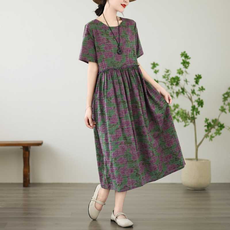 Women's Printed Cotton and Linen Short Sleeved Dress, Loose Retro Long Skirt, Summer