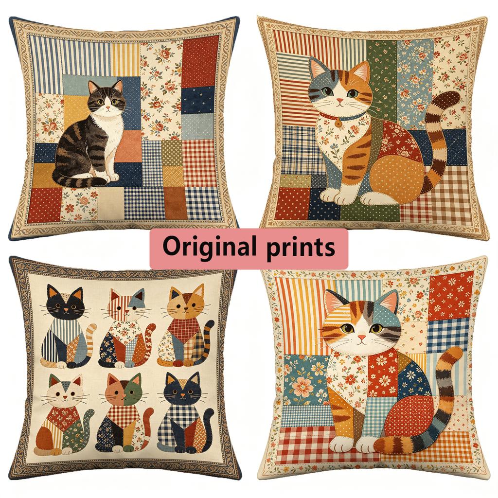 Retro Patchwork Cat Print Square Pillow Covers Pattern Cushion Cover Suitable For Sofa Bedroom Car Pillow Cover