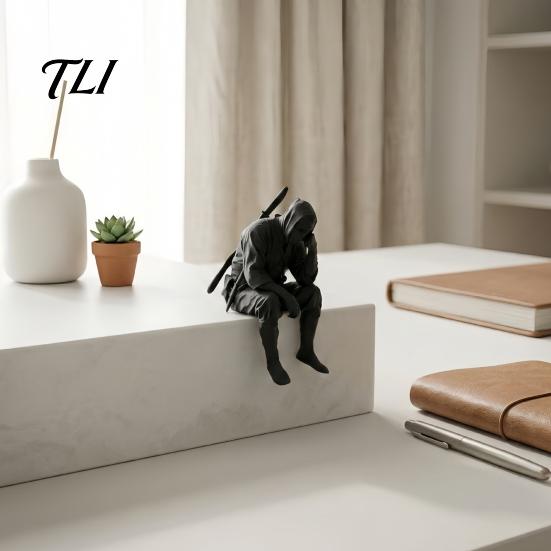 Masked Ninja Figurine 3D Printed Sitting Figurine, Thinking Dark Shelf Sitter, Decorative Samurai Ornament for Home Office Bookshelf Table