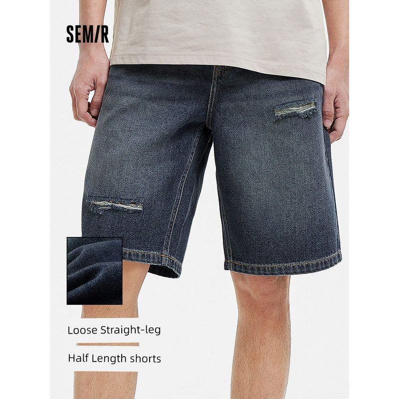 

Senma Demin shorts Men s Distressed Retro Broken Holes Pants Cool Feeling Loose Cropped Pants 2025 Summer New Fashionable Fashion Denim blue and gray 88401 34