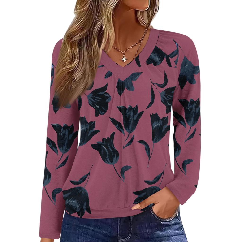 Damen Casual Mode V-Ausschnitt Raglan Plissee Floralprint Langarm Top