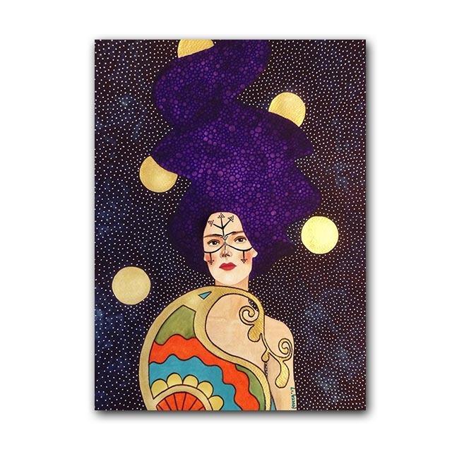 Abstrakcyjna dziewczyna z kwiatami Kolorowe długie włosy Plakat skandynawski Kobieta Malarka na płótnie ściennym