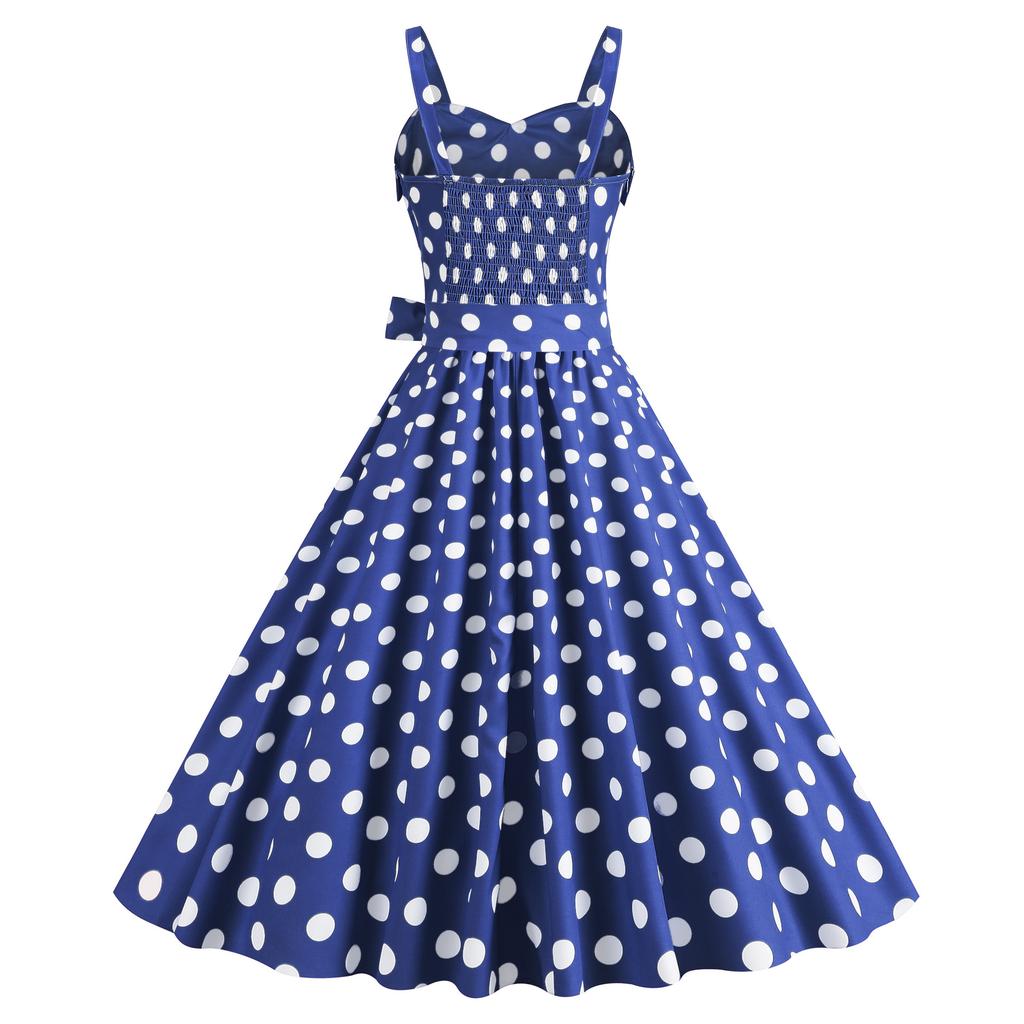 Women Vintage Dress 50s Retro A-line Big Swing Sleeveless Dot Print Contrast Color Elastic Bust High Tight Waist Backless Knee Length Evening