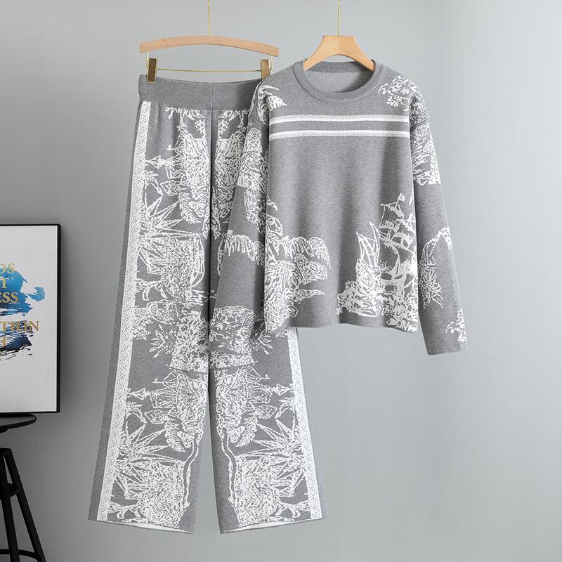 

Women s Ink Painting Knit Pullover & Wide-Leg Pants Set - Autumn/Winter Casual Two-Piece One Size сірий колір