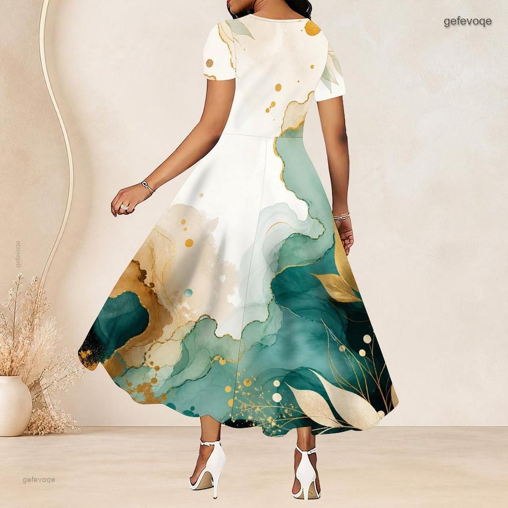 Women Plus Size Round Neck Short Sleeve Blue Gold Printed A Line Long Dress