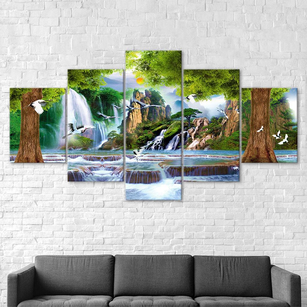 Fairy Forest Waterfall Painting Canvas 5 Piece Five Panel Wall Print Modern Art Poster Home Decor Gift For Him For Her