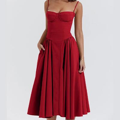 Σέξι συμπαγές πλισέ φόρεμα με σφεντόνα γυναικεία μόδα Midi αμάνικα εξώπλατα φορέματα Γυναικεία καλοκαιρινά πάρτι βραδινές ρόμπες σε γραμμή Α