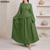 VONDA Women O Neck Long Sleeve Casual Loose Pleated Layers Maxi Rufffled Dress Robes