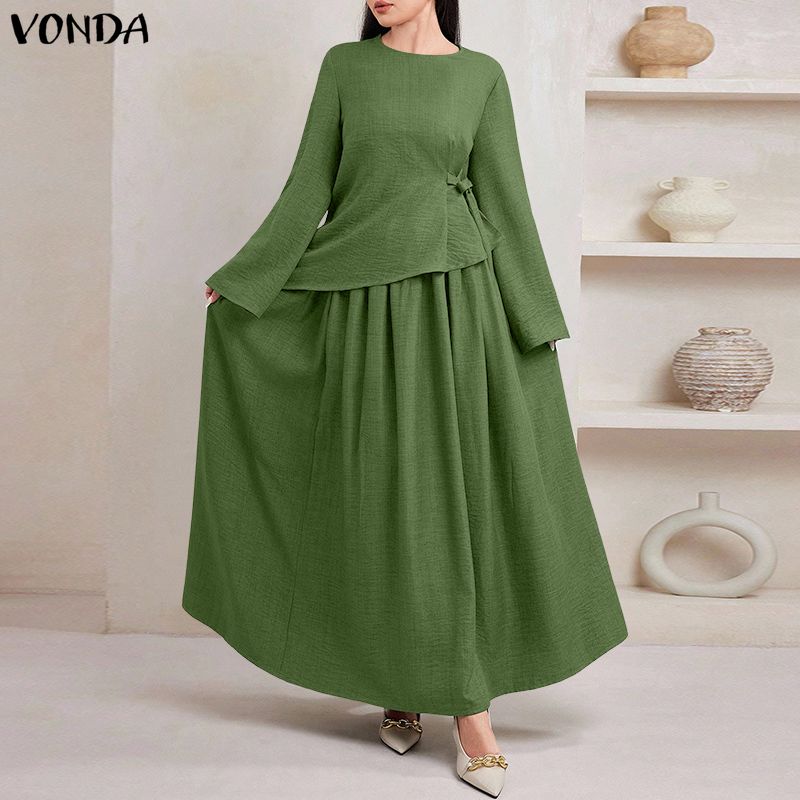 VONDA Women O Neck Long Sleeve Casual Loose Pleated Layers Maxi Rufffled Dress Robes