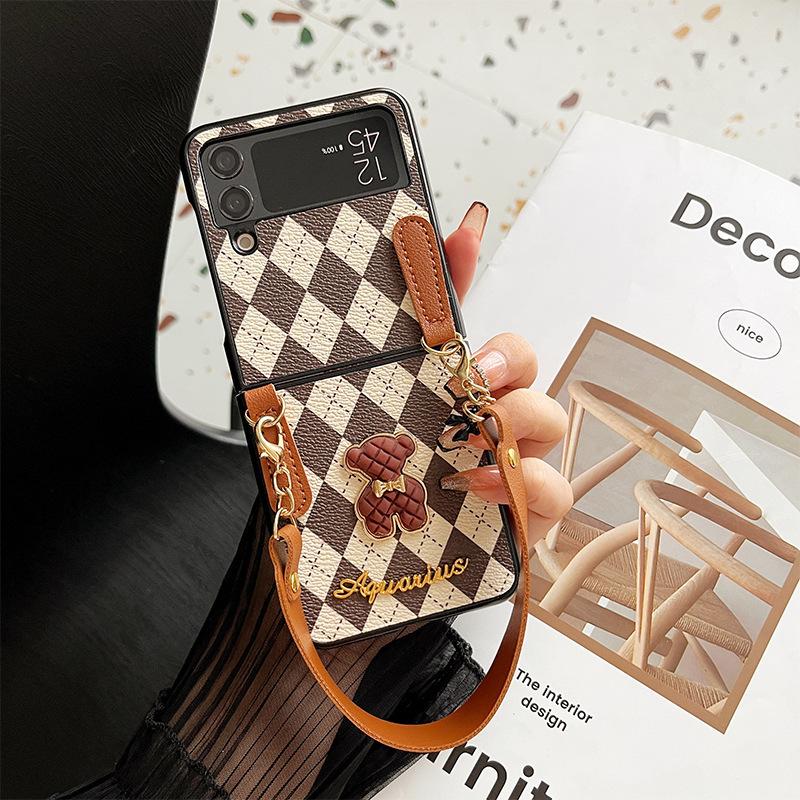 For Samsung Zflip6 Crossbody Rope Flip Phone Case P50 Folding Screen Xflip Bear Rhombus Letter Hard