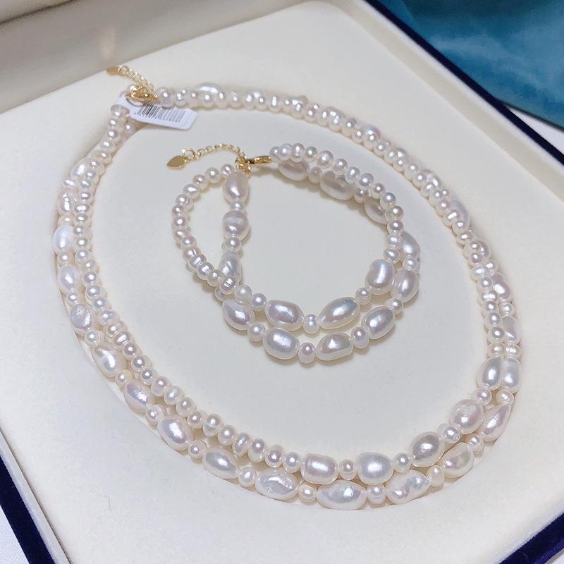 Zhuji Baroque Freshwater Pearl Necklace & Bracelet Set: Fashionable, Versatile, Double Layer for Women. 3-9mm