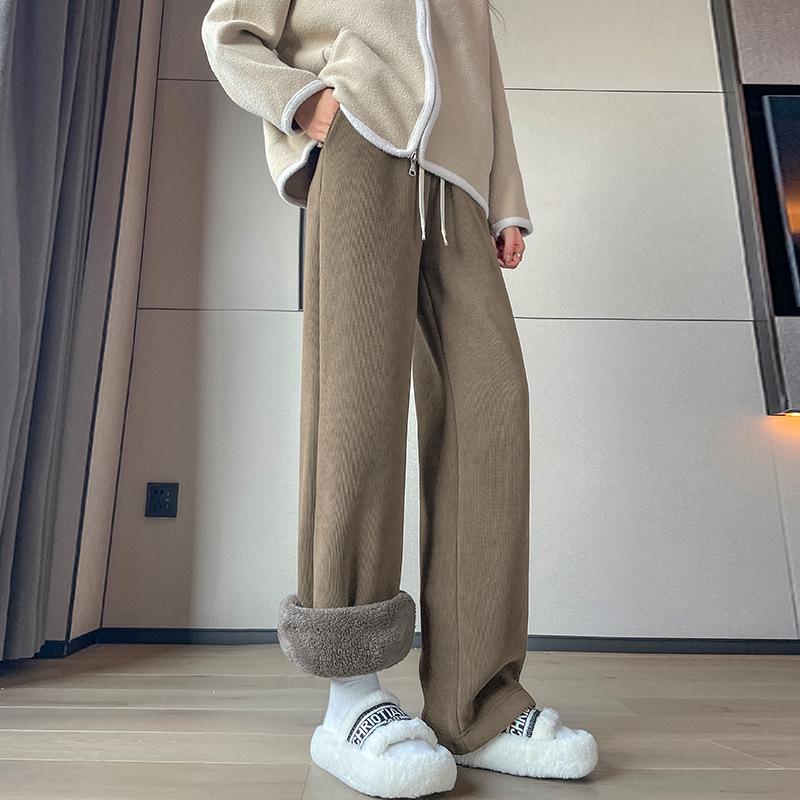 2024 Women's Slim Fit Fleece-Lined Cotton Pants: Winter Outerwear, Petite Wide Leg, Straight Leg Sportswear