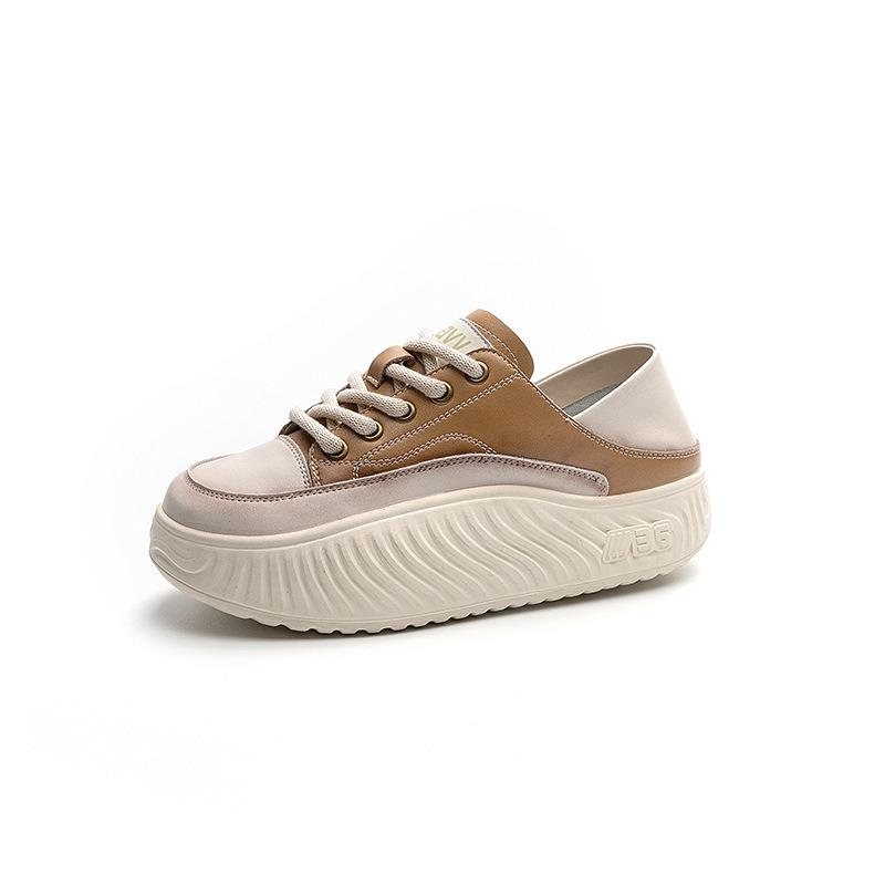 Spring and Autumn New Lightweight Retro Muffin Platform Single Shoes Leather Can Be Stepped On Lace-up Comfortable Women's Shoes Casual Board Shoes