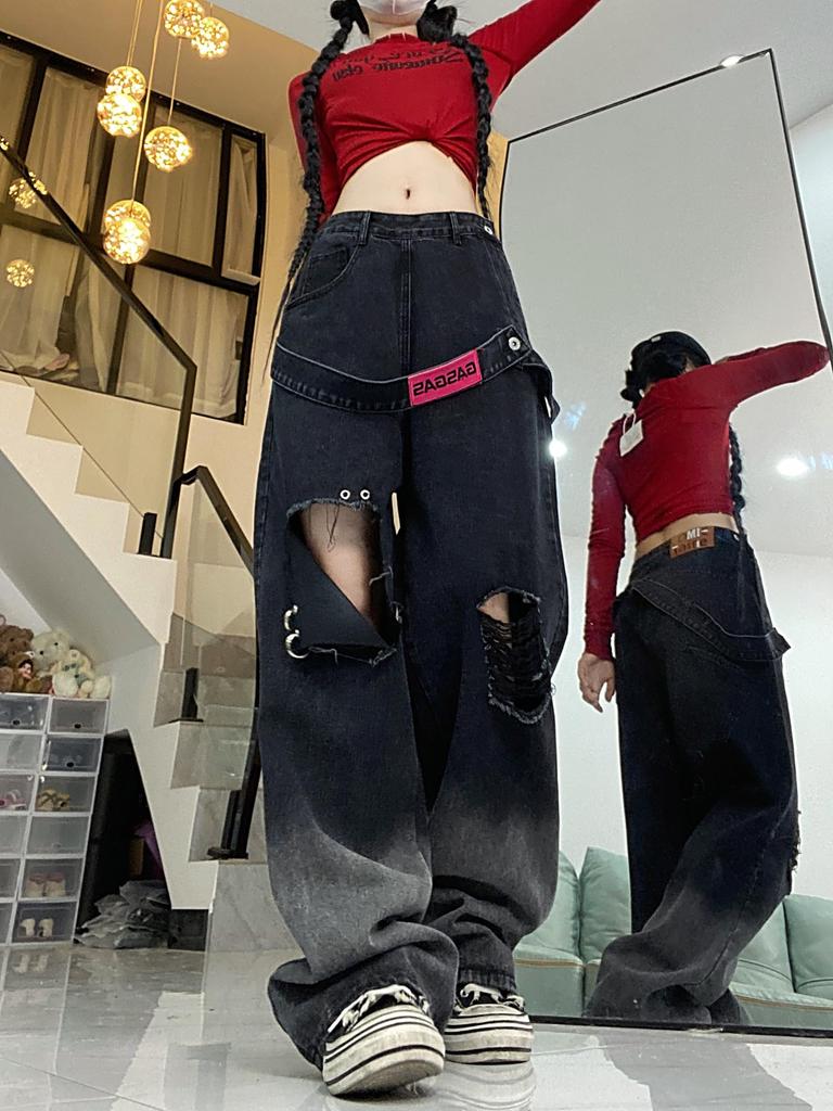 Bestmood Distressed Denimhosen mit lockerer Passform und geradem Bein, mit Gürtel und Design Damen Weitbeiniges Bein, Hip-Hop (Größe Klein, Schwarz)