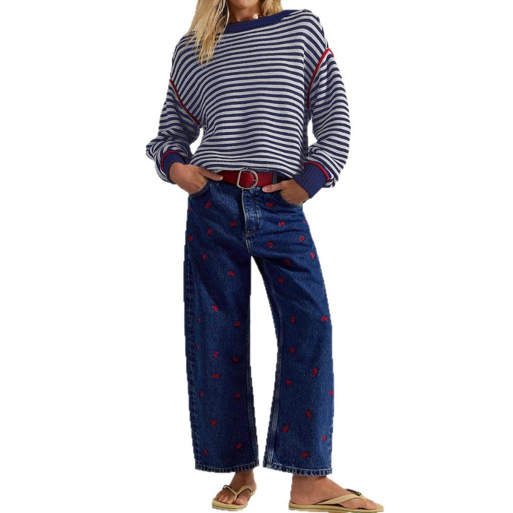 European and American striped color matching knitted sweater 1011 new women's loose design sense contrasting color personalized sweater
