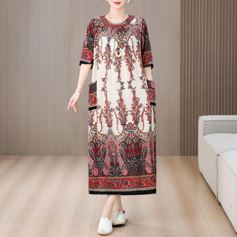 Plus Size Elegant Long Dresses for Women Clothes Loose Short Sleeve Vintage Summer Dress