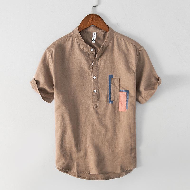 Linen T Shirt Men Summer Solid Short Sleeve Stand Neck Tops Tee Breathable Linen Cotton Soft Shirt