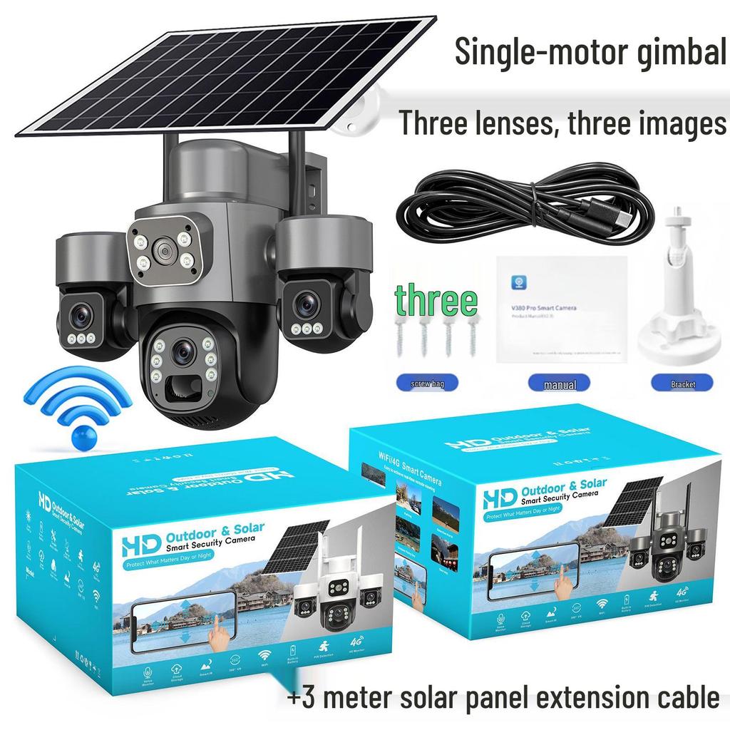 V380 4G Solar Camera with Three-Lens, Three-Axis Gimbal for Home Monitoring - Wireless, Low Power Battery.