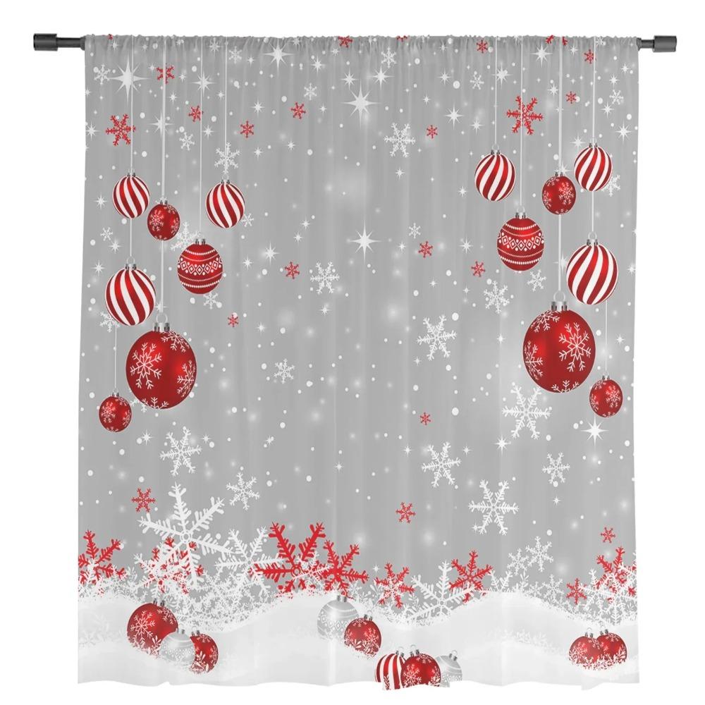 Christmas Red Xmas Ornament Snowflakes Grey Yarn Curtain Window Netting Curtains For Living Room Kitchen Sheer Sheer Fabric Curtains