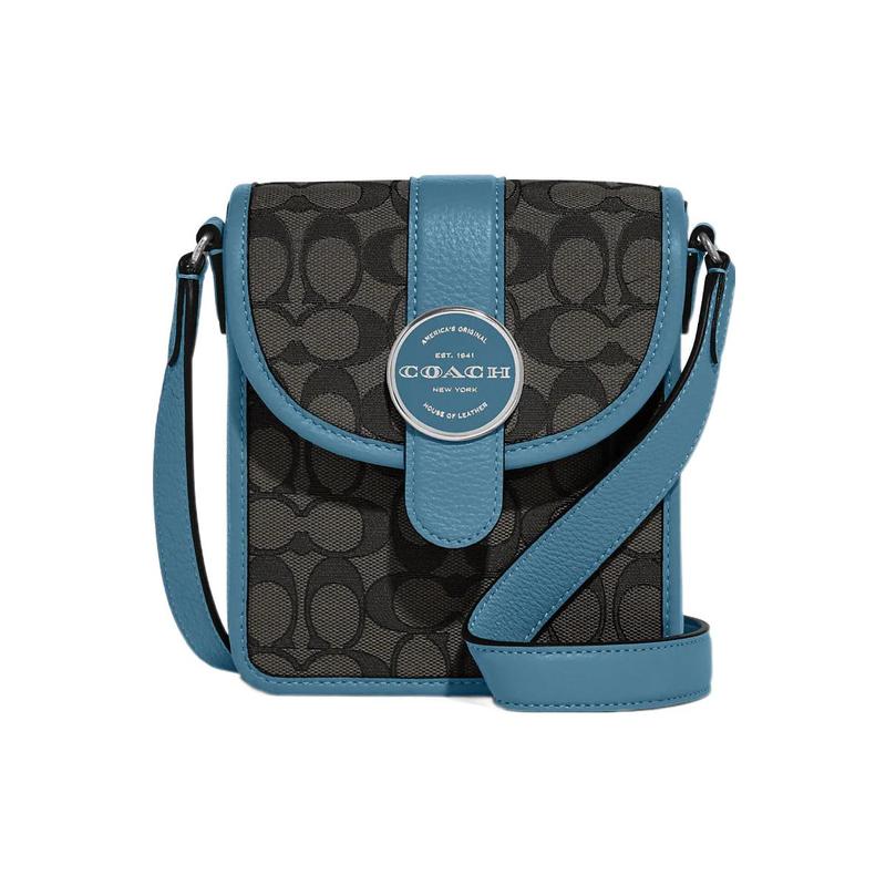 COACH Lonnie 15 Presbyopia all-over signature jacquard and fine pebbled leather shoulder crossbody bag mini women s Pacific blue синий