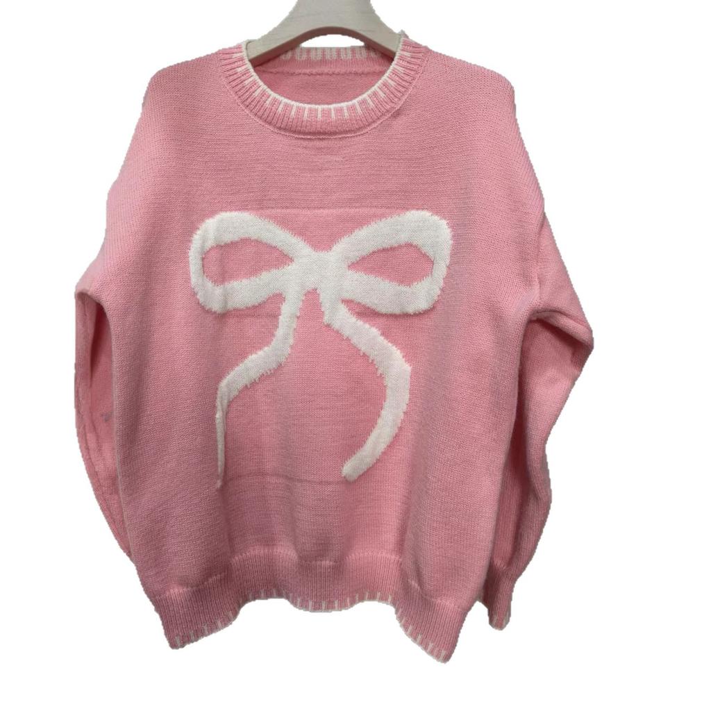 Women's bow-tied jacquard sweater autumn and winter lazy wind loose warm and comfortable jumper knitted sweater