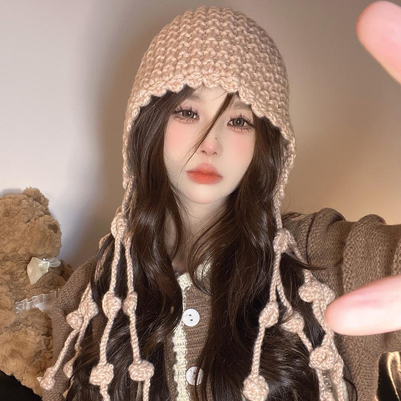 New Autumn and Winter Wool Hat Braid Tassel Pullover Hat for Women Outdoor Travel Warm Ear Protection Cute Knitted Hat