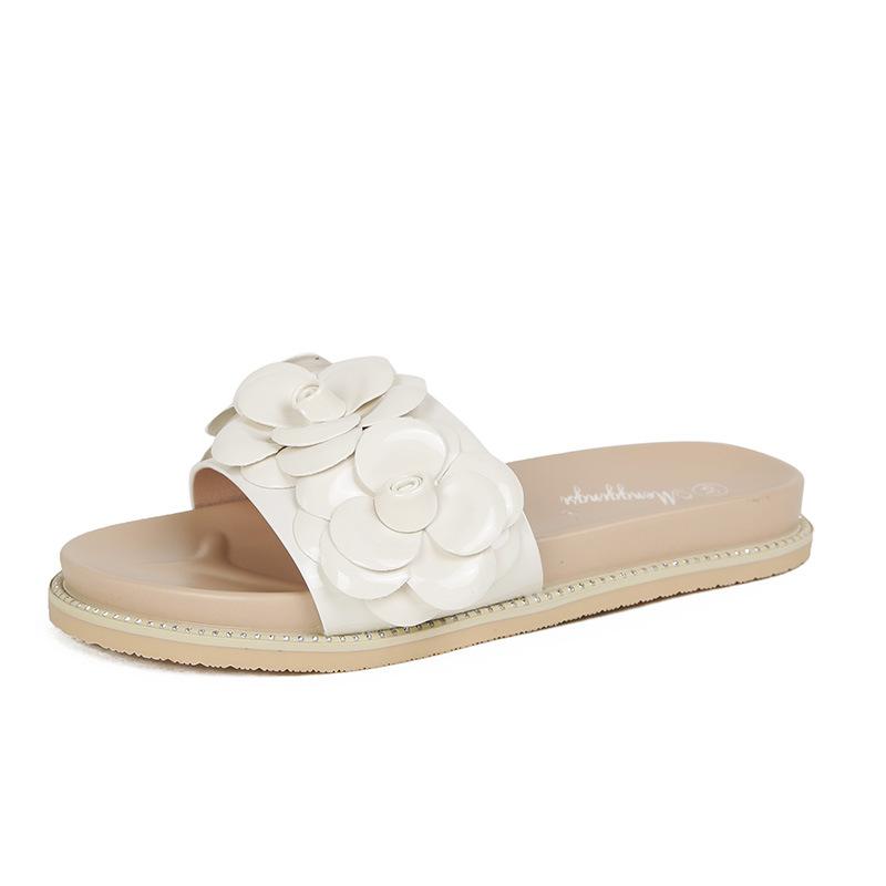 Fashion  designer camellia flower platform slippers women open toe outdoor slides summer shoes japanned leather floral flip flops