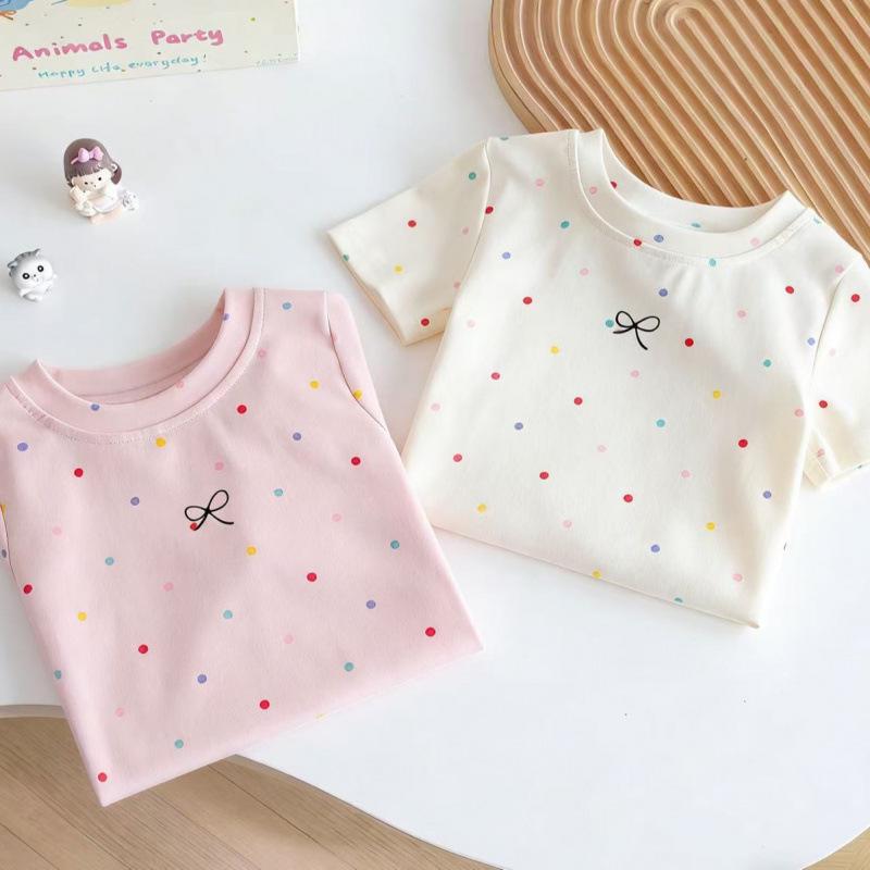Girls' Polka Dot Cotton T-Shirt, Short-Sleeve, Breathable, for Small & Medium Children, Perfect Summer Wear.