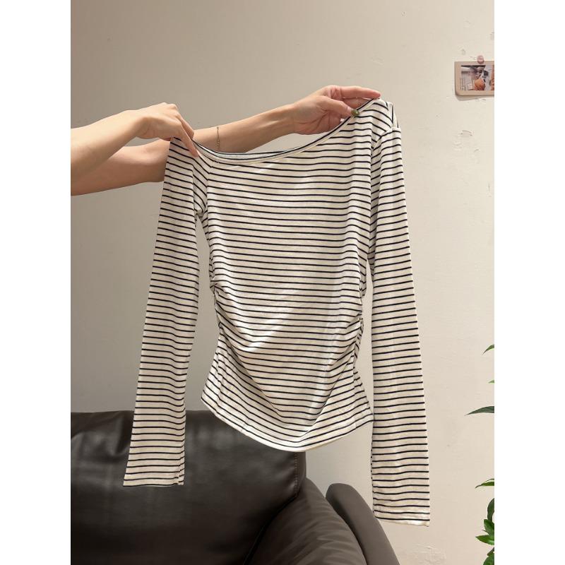 Spring Autumn Sloping Shoulders Sexy Fashion T-shirt Women Long Sleeve All-match Slim Tee Pullover Top