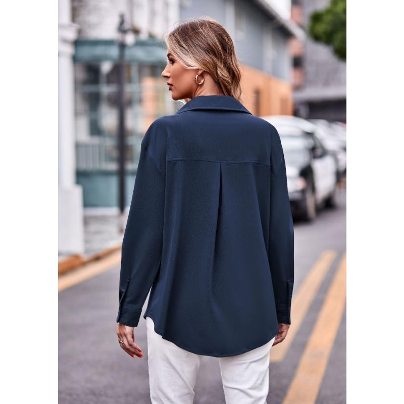 Women S Loose Fit Long Sleeve Shirt With Double Pockets Casual Fashion