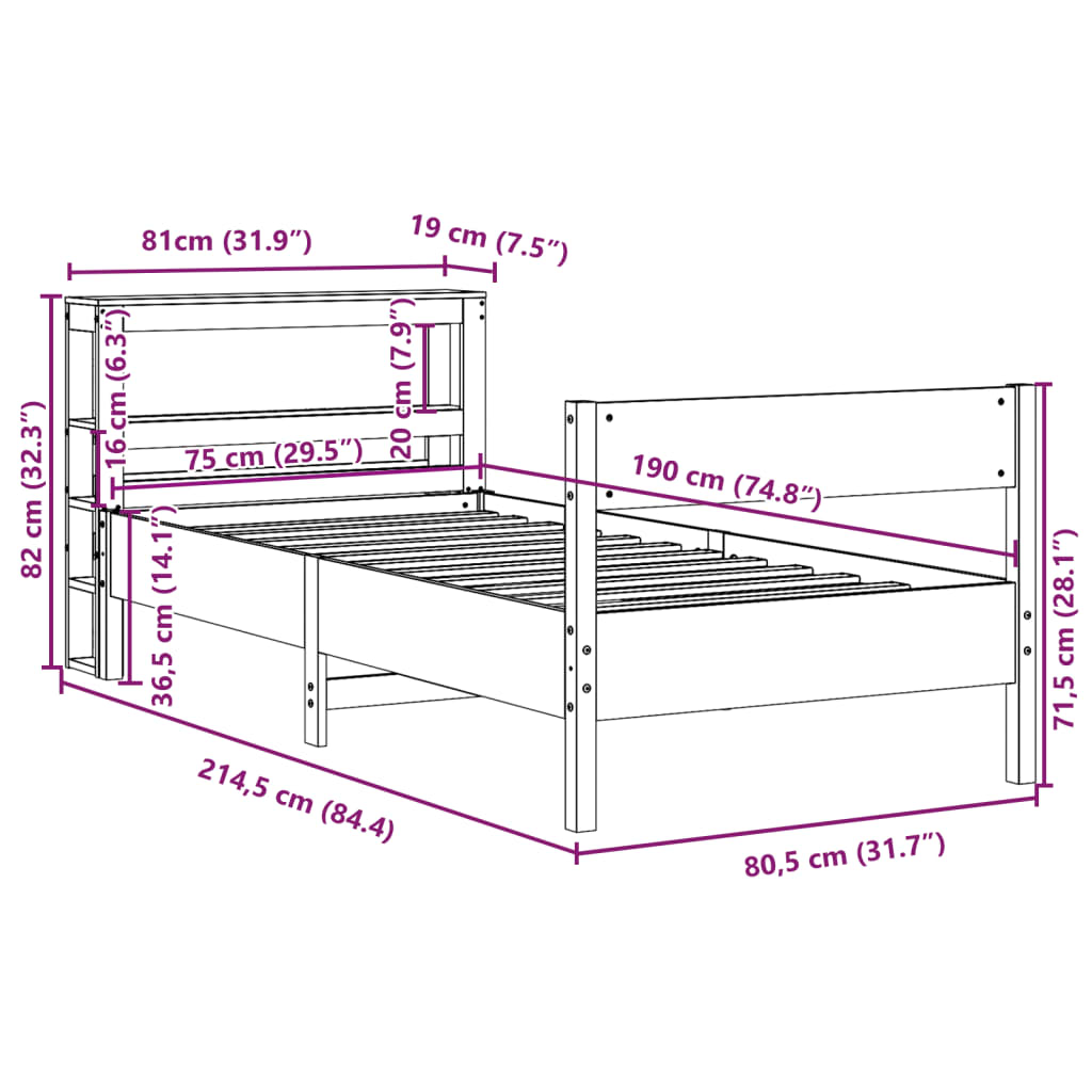 Solid Wood Bed without Mattress Wax Brown 75 x 190 cm Pine Wood